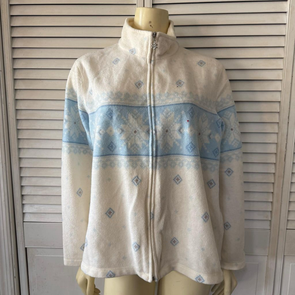 Women's C&B Sport Fleece Jacket L White Blue Snowflake Full Zip